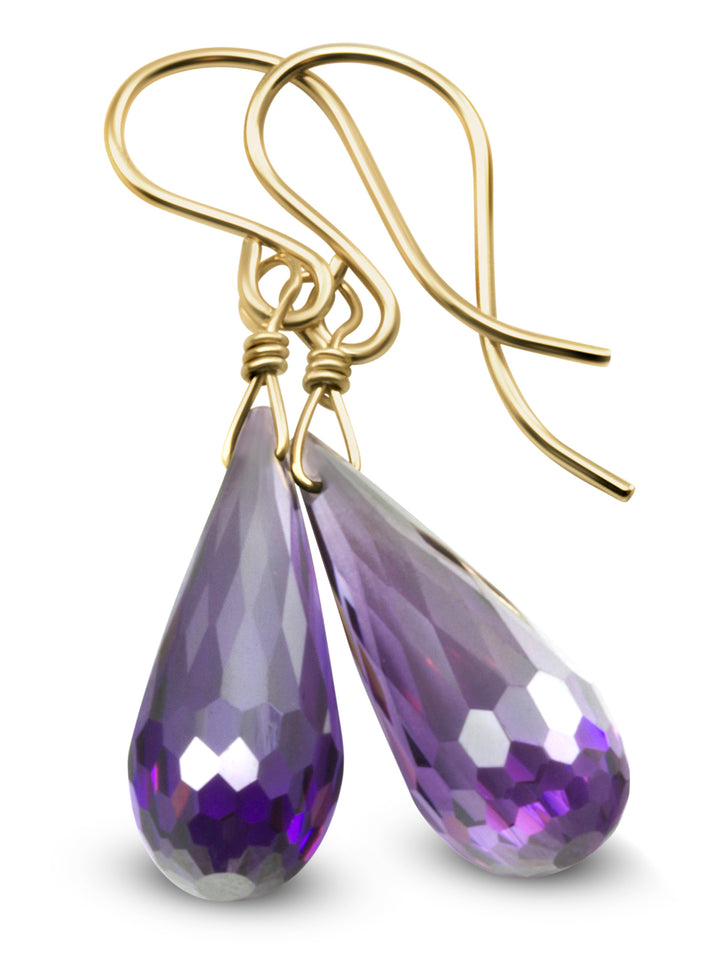 Cubic Zirconia Earrings Sterling Silver or 14k Gold Purple Faceted 1.3 Inches