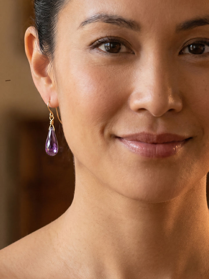 Cubic Zirconia Earrings Sterling Silver or 14k Gold Purple Faceted 1.3 Inches