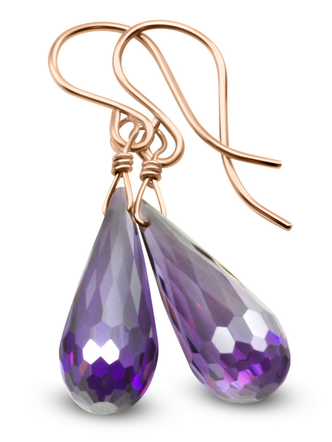 Cubic Zirconia Earrings Sterling Silver or 14k Gold Purple Faceted 1.3 Inches