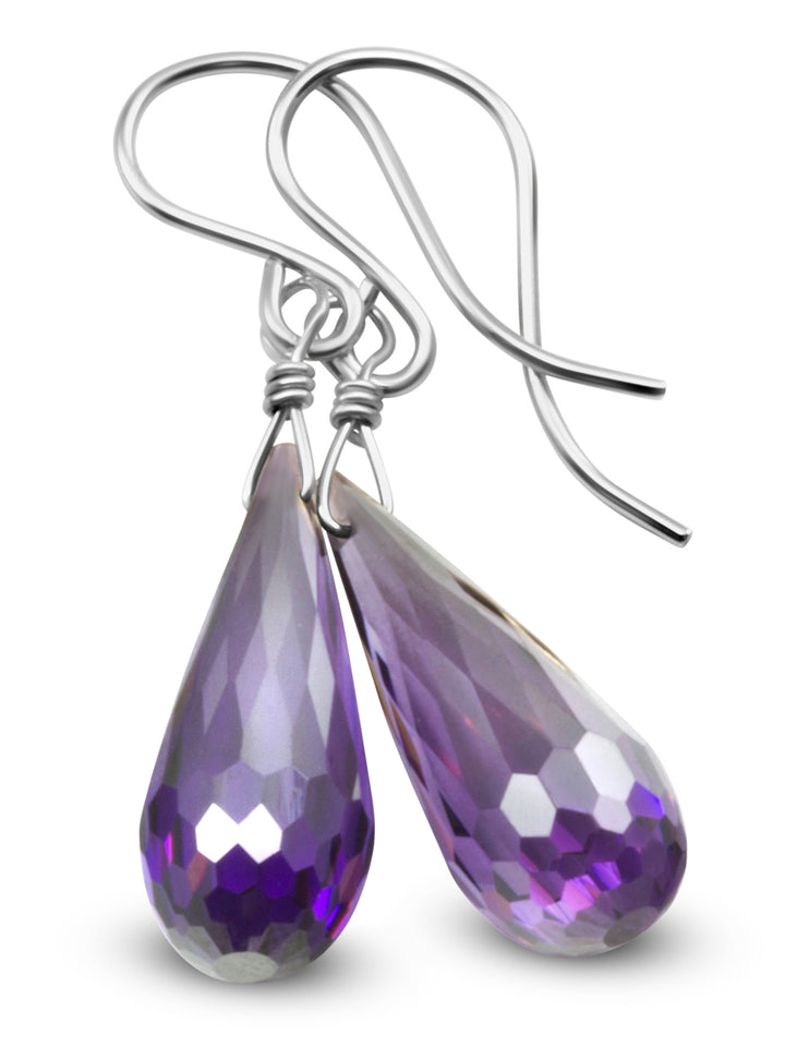 Cubic Zirconia Earrings Sterling Silver or 14k Gold Purple Faceted 1.3 Inches