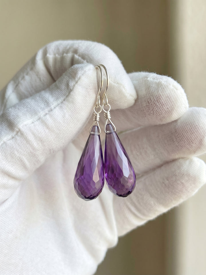 Cubic Zirconia Earrings Sterling Silver or 14k Gold Purple Faceted 1.3 Inches