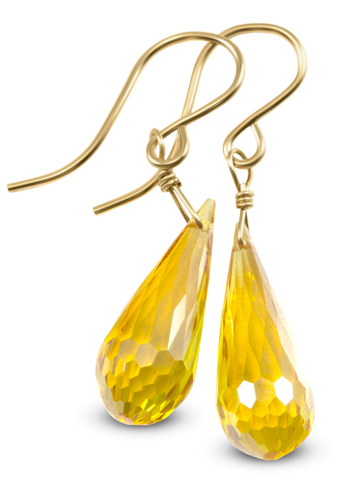 Canary Yellow Sim Diamond Cubic Zirconia Earrings Faceted Long Teardrop CZ 14k Solid Yellow Gold or Filled or Sterling Silver Briolette Drop