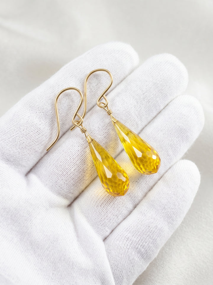 Canary Yellow Sim Diamond Cubic Zirconia Earrings Faceted Long Teardrop CZ 14k Solid Yellow Gold or Filled or Sterling Silver Briolette Drop