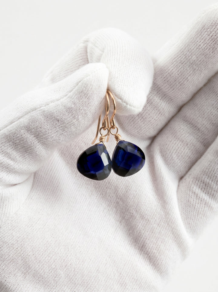 Dark Sapphire Blue Cubic Zirconia Earrings Heart Briolettes AAA CZ  14k Solid Gold or Filled or Sterling Silver Faceted Dainty Simple Dangle