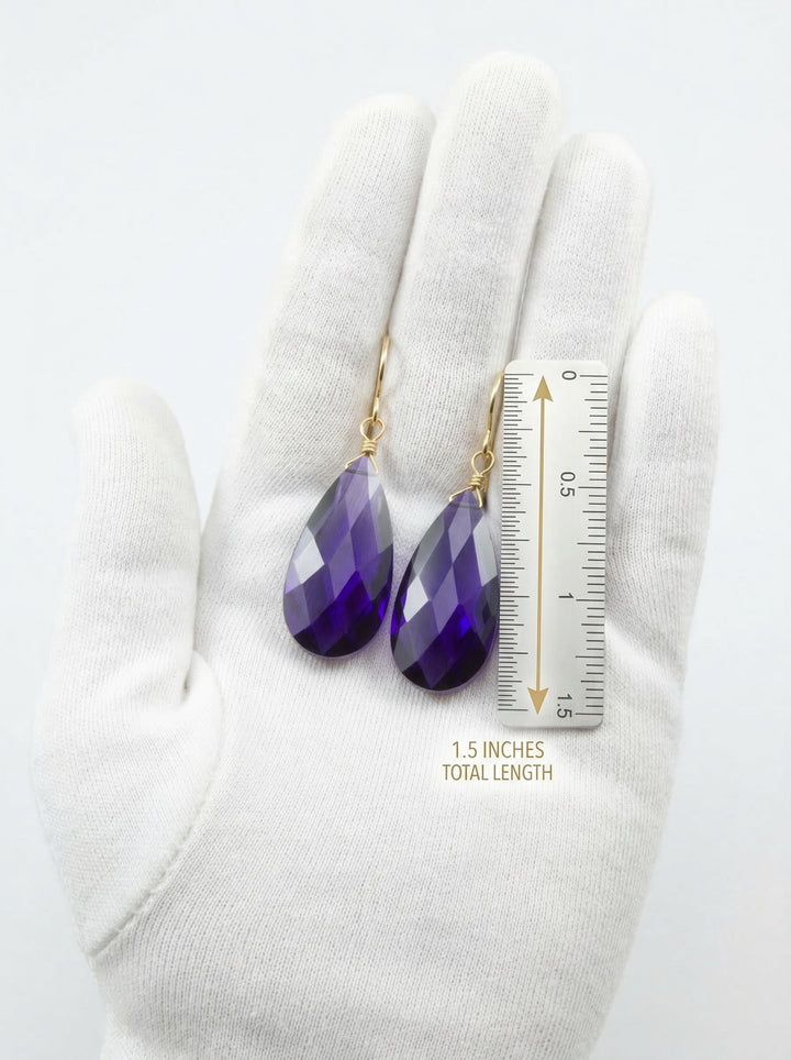Cubic Zirconia Earrings Sterling Silver or 14k Gold Purple Faceted 1.4 Inches