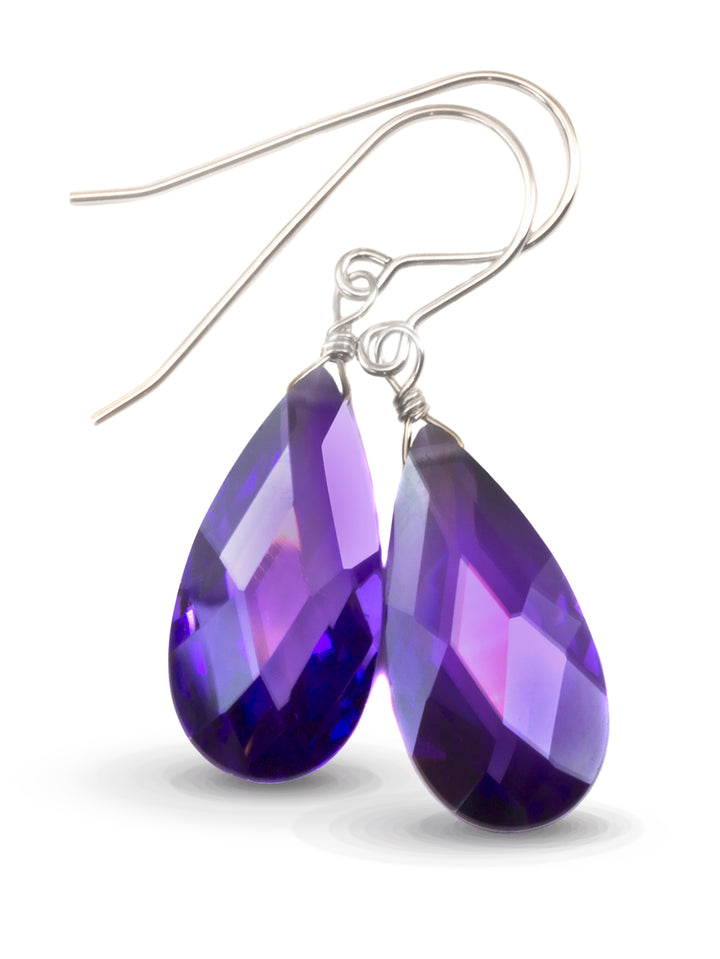 Cubic Zirconia Earrings Sterling Silver or 14k Gold Purple Faceted 1.4 Inches