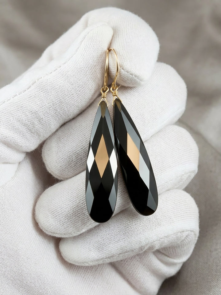 Cubic Zirconia Earrings Simulated Black Diamond Long Large Teardrop CZ 14k Solid Gold or Filled or Sterling Silver Simple 2 Inch