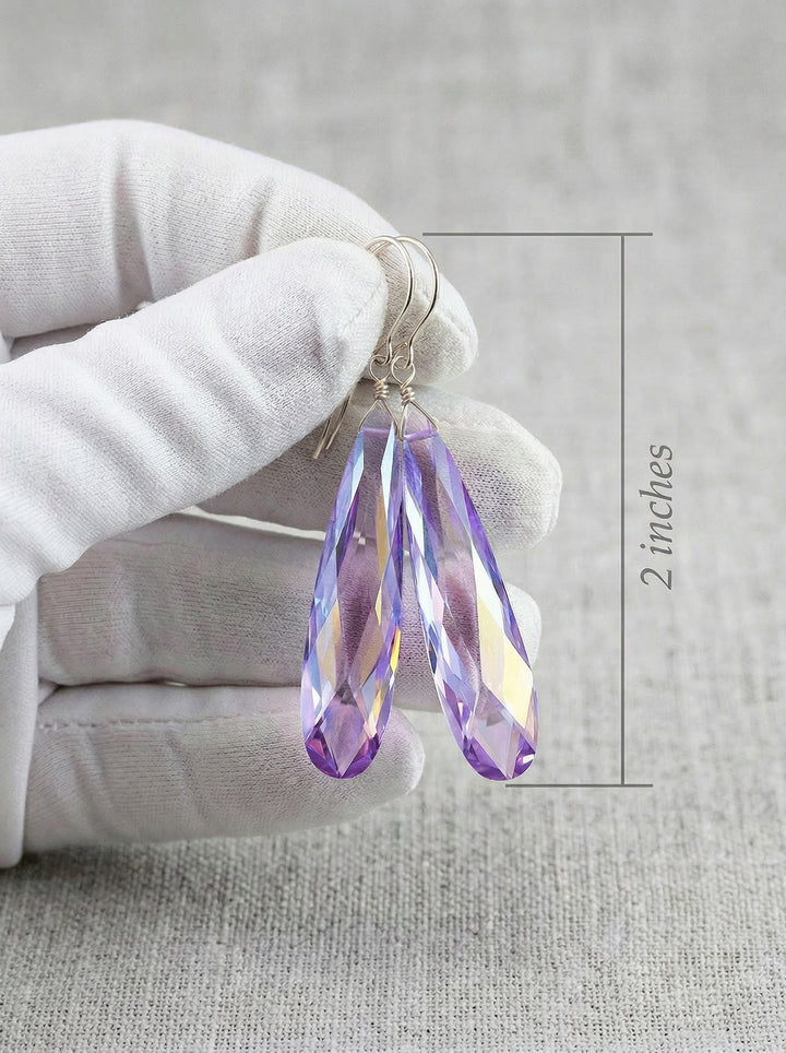 Cubic Zirconia Earrings 14k solid Gold or Filled or Sterling Silver Simulated Lavender Tanzanite Long Large Tear Drop CZ Simple 2 Inch
