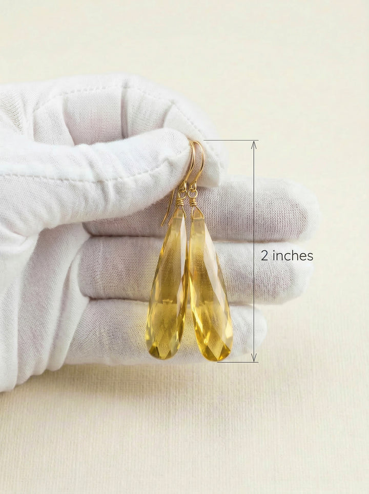Cubic Zirconia Earrings Simulated Yellow Diamond Long Large Tear Drop AAA CZ 14k Solid Gold or Filled or Sterling Silver Facet Simple 2 Inch