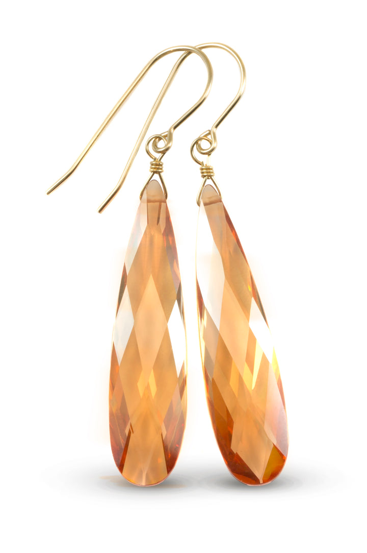 Cubic Zirconia Earrings Sterling Silver or 14k Gold Champagne Faceted 2 Inches