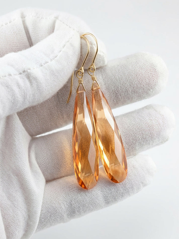 Cubic Zirconia Earrings Simulated Champagne Diamond Long Large Teardrop  AAA CZ 14k solid Gold or Filled or Sterling Silver Facet 2 In Drops