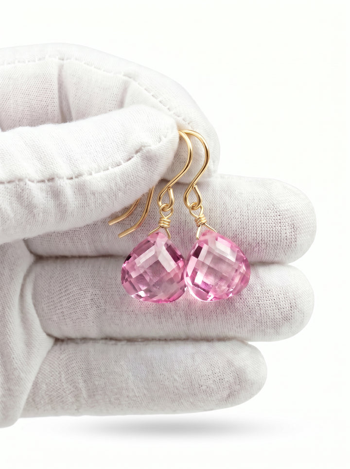 Sapphire Pink Earrings Cubic Zirconia Heart Teardrop  AAA CZ  14k Solid Gold or Filled or Sterling Silver Simple Dainty Bright Pink Drops