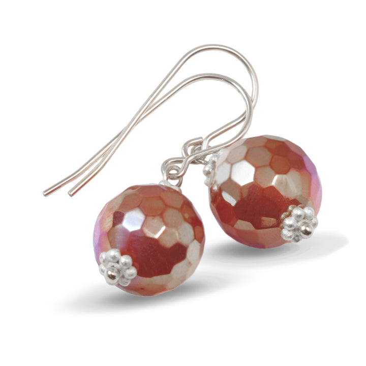 Carnelian Earrings Natural Orange Faceted Round Dangles Mystic Finish Sterling silver or 14k Solid Gold or Filled Earthy