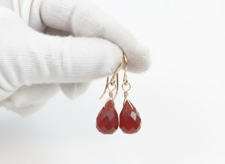 Carnelian Earrings Small Briolette Burnt Orange Chalcedony drops 14k Solid Gold or Filled or Sterling Silver Dainty
