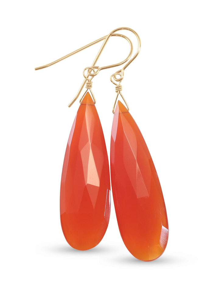 Carnelian Earrings Faceted Pear Long Large Teardrops 14k Solid Gold or Filled or Sterling Silver Orange Chalcedony Drops Natural Classic