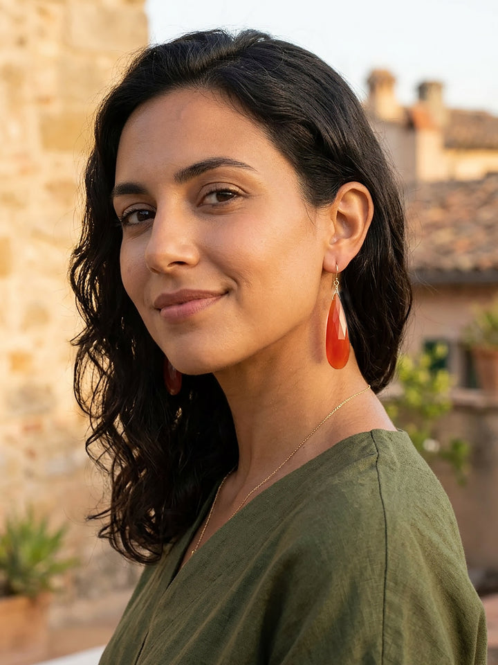 Carnelian Earrings Faceted Pear Long Large Teardrops 14k Solid Gold or Filled or Sterling Silver Orange Chalcedony Drops Natural Classic