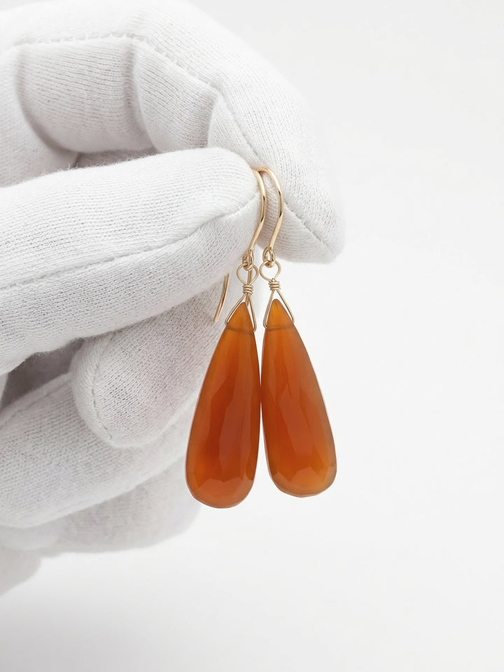 Carnelian Earrings Faceted Long Teardrop Sterling Silver or 14k Solid Gold or Filled natural earthy orange Chalcedony simple drops spyglass (Copy)