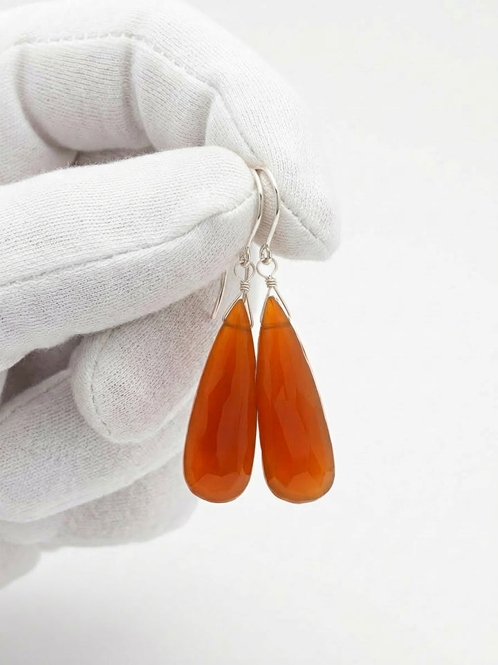 Carnelian Earrings Faceted Long Teardrop Sterling Silver or 14k Solid Gold or Filled natural earthy orange Chalcedony simple drops spyglass (Copy)