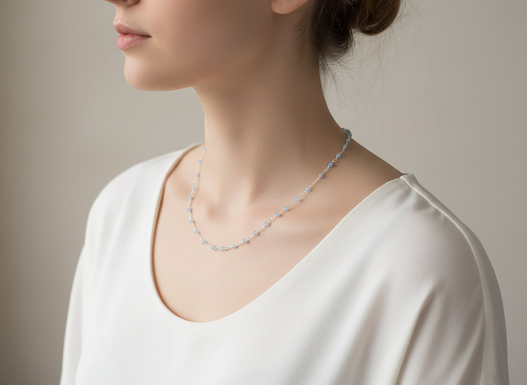 Chalcedony Necklace Soft Blue Sterling Silver Faceted Chain Link 18 19 Inches Soft Pale Blue Dainty