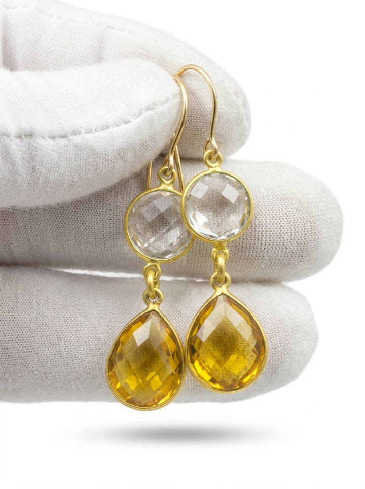 Yellow Simulated Citrine Quartz Earrings  faceted Teardrop Double Clear Quartz 14k solid gold or filled Bezel Set Spyglass Designs Simple