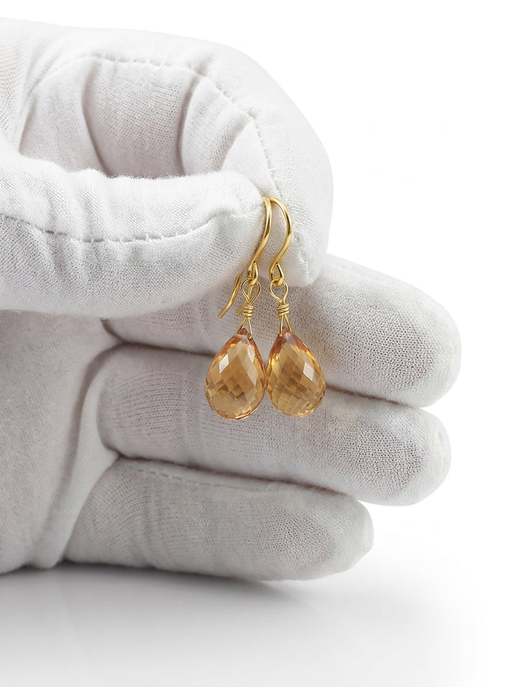Yellow Citrine Earrings Natural Briolette Cut Gemstones 14k solid gold or 14k Gold filled Spyglass Designs Simple 2.2 Inches