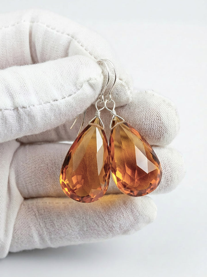 Madeira Simulated Citrine Earrings Dark Yellow Large Faceted Teardrops Drops 14k solid gold or filled or Sterling Silver