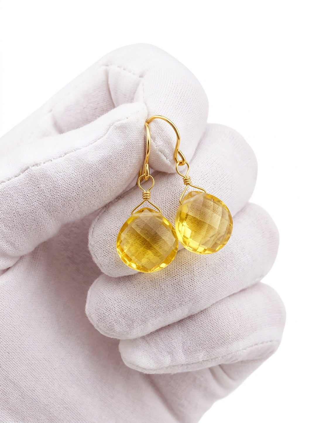 Yellow Simulated Citrine Quartz Earrings faceted Heart 14k solid gold or 14k gold filled or Sterling Silver Spyglass Designs Bright Yellow Simple Classic