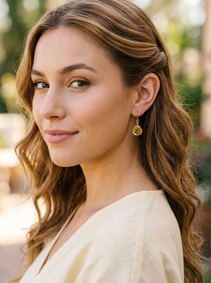 Yellow Simulated Citrine Quartz Earrings faceted Heart 14k solid gold or 14k gold filled or Sterling Silver Spyglass Designs Bright Yellow Simple Classic