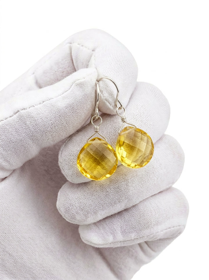 Yellow Simulated Citrine Quartz Earrings faceted Heart 14k solid gold or 14k gold filled or Sterling Silver Spyglass Designs Bright Yellow Simple Classic