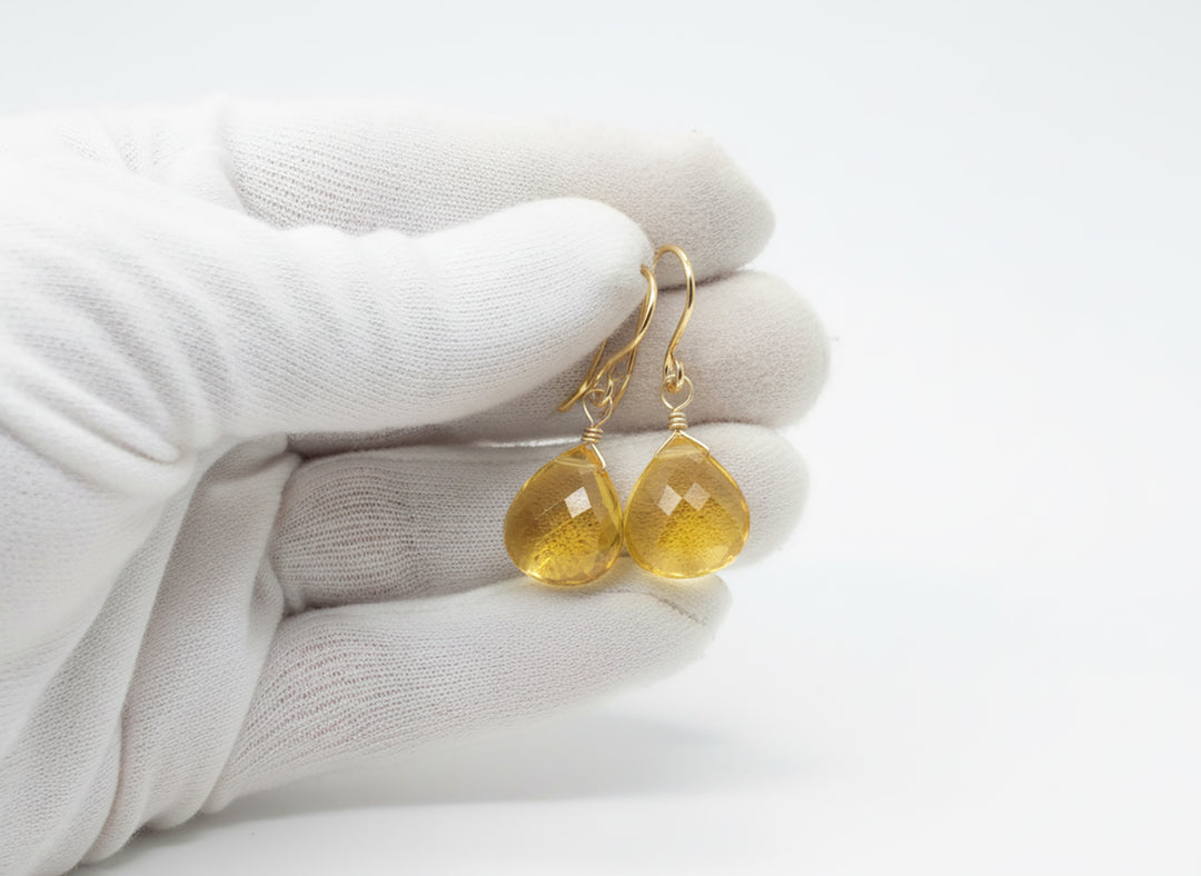 Yellow Citrine Quartz Earrings faceted Heart 14k solid gold or 14k gold filled or Sterling Silver Spyglass Designs Bright Yellow Simple Classic