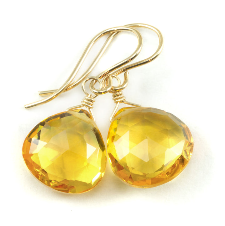Yellow Citrine Quartz Earrings faceted Heart 14k solid gold or 14k gold filled or Sterling Silver Spyglass Designs Bright Yellow Simple Classic