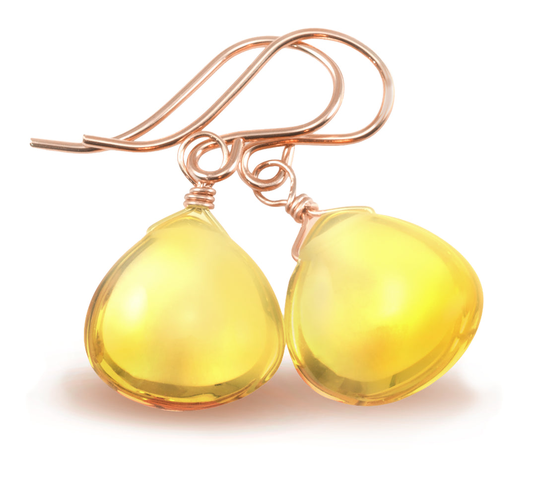 Yellow Citrine Earrings Smooth Sim Heart Drop 14k solid gold or filled or Sterling Silver Spyglass Designs Simple Teardrops Lightweight