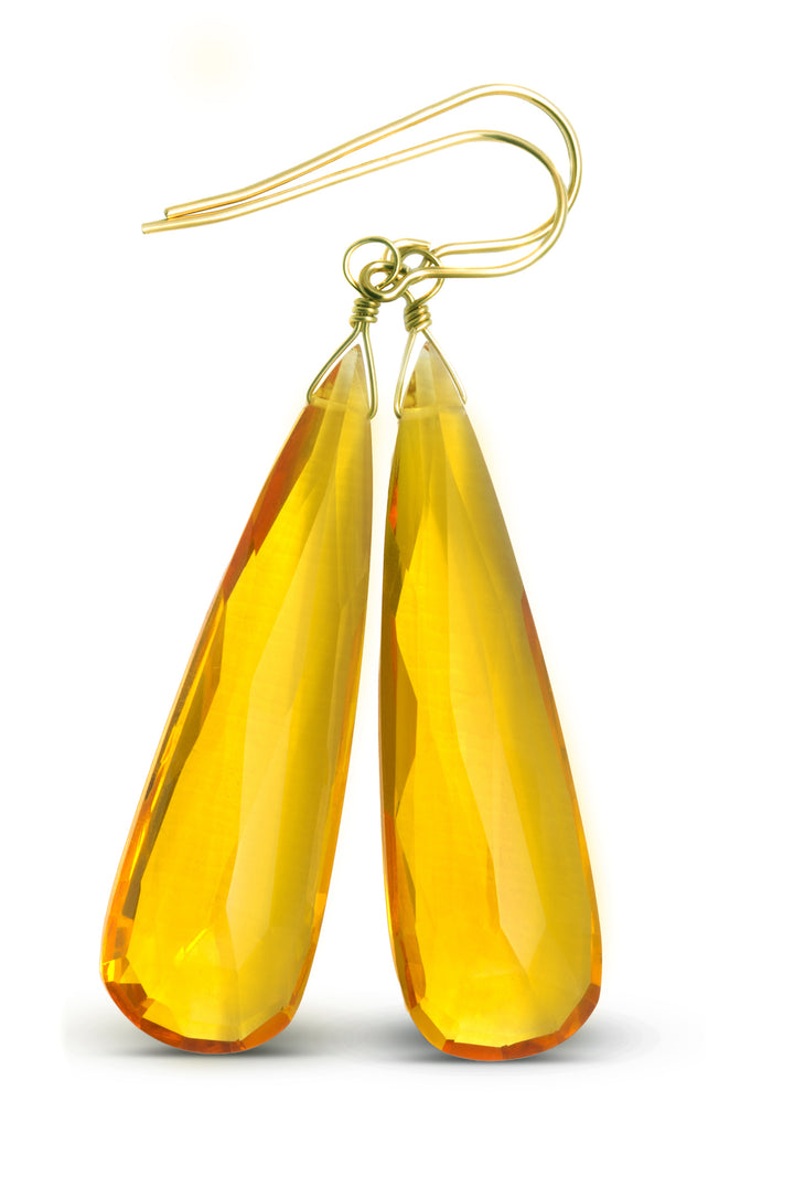 Yellow Citrine Earrings Large Faceted Simulate Briolette Long Drops 14k solid gold or filled or Sterling Silver Large Teardrops 2 Inch
