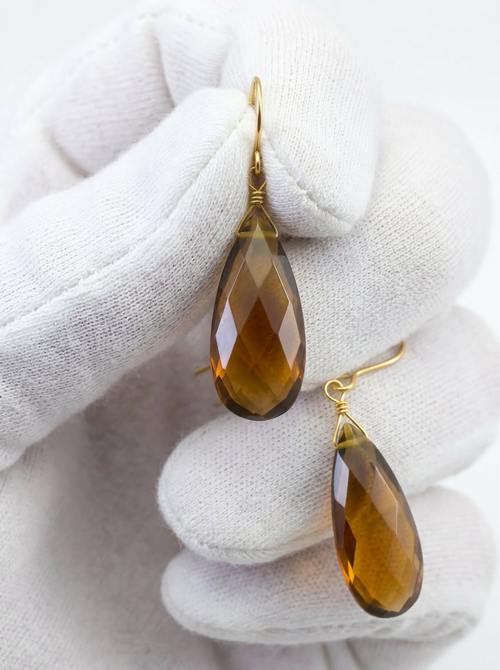 Madeira Simulated Citrine Earrings Long Teardrops 14k Solid Gold or Sterling Silver Rich DarkYellow