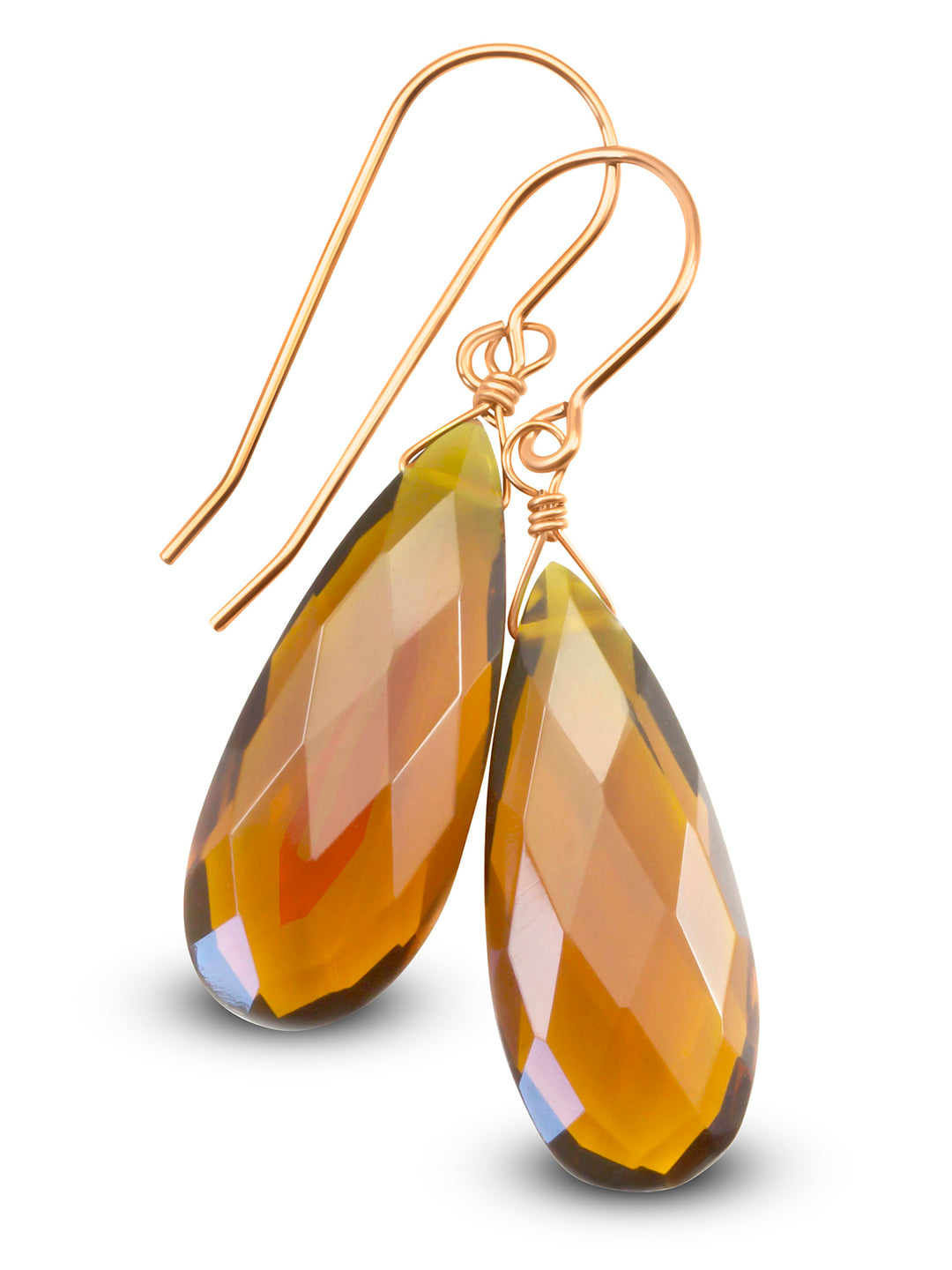 Madeira Simulated Citrine Earrings Long Teardrops 14k Solid Gold or Sterling Silver Rich DarkYellow