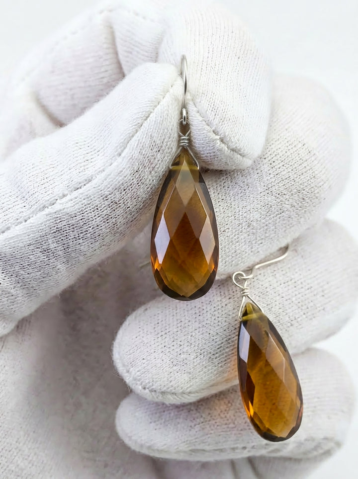 Madeira Simulated Citrine Earrings Long Teardrops 14k Solid Gold or Sterling Silver Rich DarkYellow