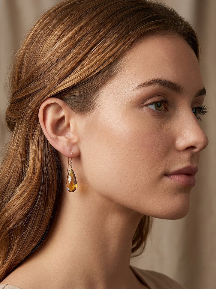 Madeira Simulated Citrine Earrings Long Teardrops 14k Solid Gold or Sterling Silver Rich DarkYellow