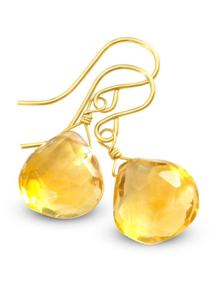 Natural Yellow Citrine Earrings faceted Heart Drop 14k solid gold or filled or Sterling Silver Spyglass Designs Simple Teardrops Lightweight