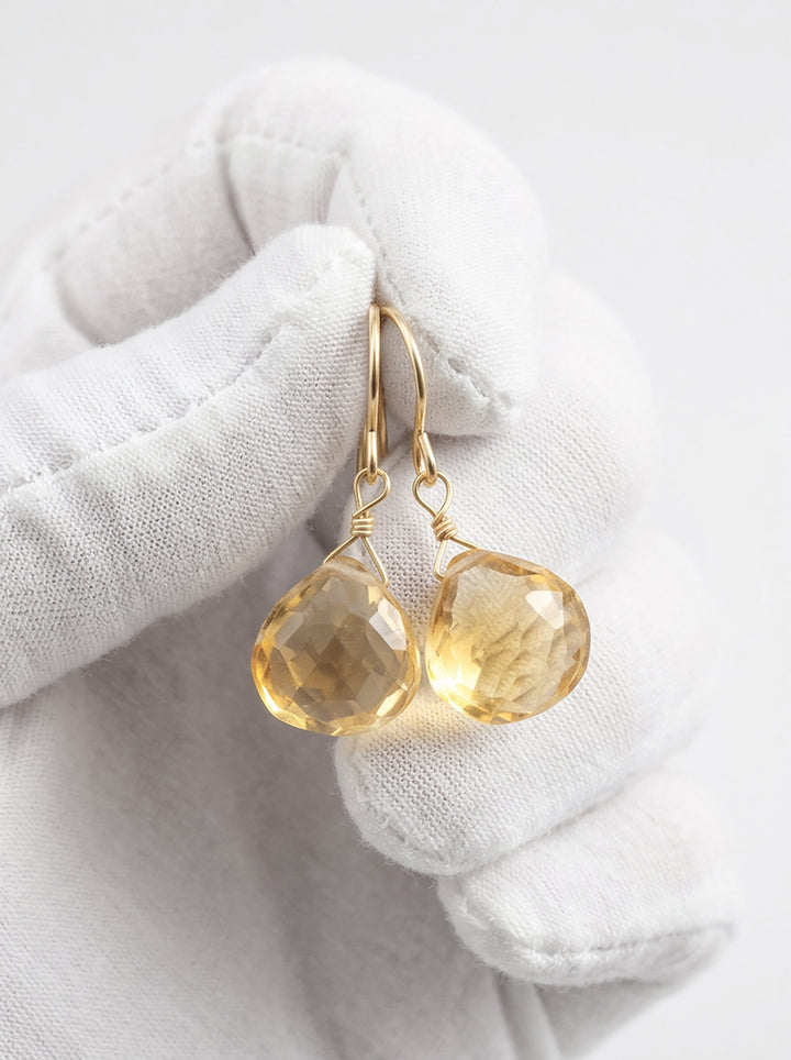 Natural Yellow Citrine Earrings faceted Heart Drop 14k solid gold or filled or Sterling Silver Spyglass Designs Simple Teardrops Lightweight