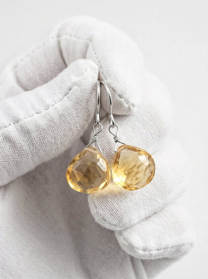 Natural Yellow Citrine Earrings faceted Heart Drop 14k solid gold or filled or Sterling Silver Spyglass Designs Simple Teardrops Lightweight