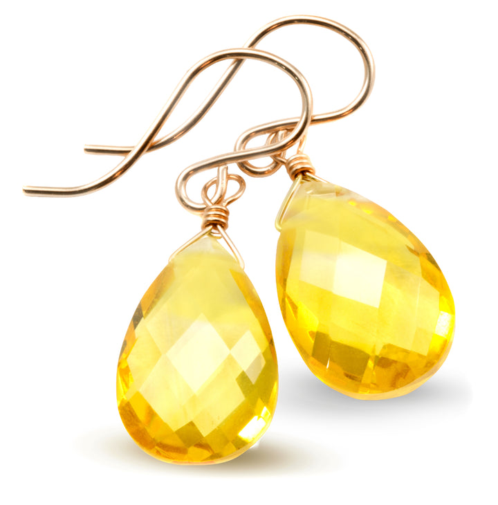 Yellow Citrine Quartz Earrings faceted Teardrop Dangle 14k gold filled or Sterling Silver Spyglass Designs Bright Yellow Pear Shaped Drops