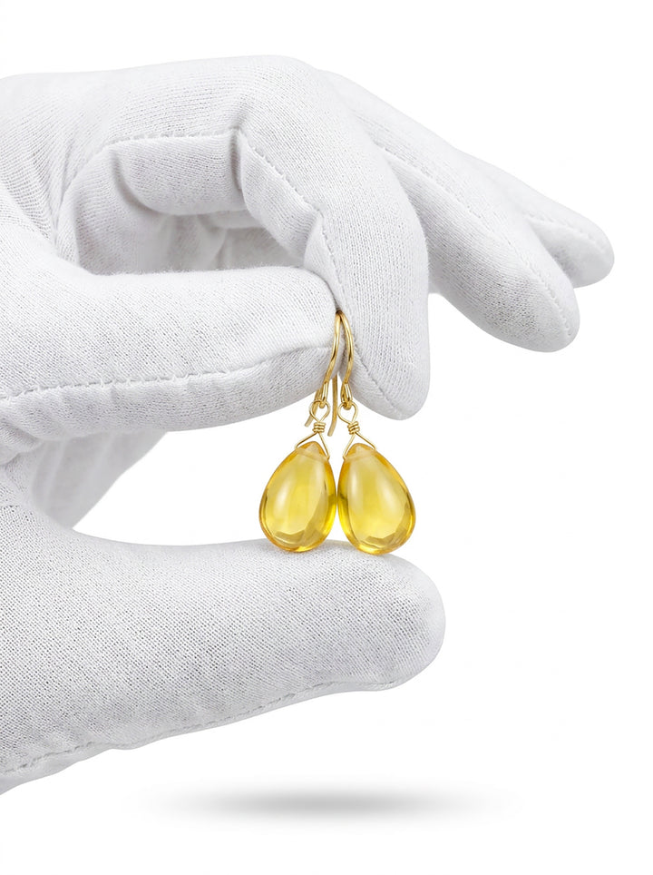 Yellow Simulated Citrine Earrings Smooth Teardrop Dangle 14k solid gold or filled or Sterling Silver Spyglass Designs Simple Basic Drops