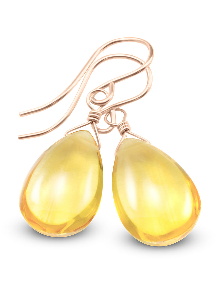 Yellow Simulated Citrine Earrings Smooth Teardrop Dangle 14k solid gold or filled or Sterling Silver Spyglass Designs Simple Basic Drops
