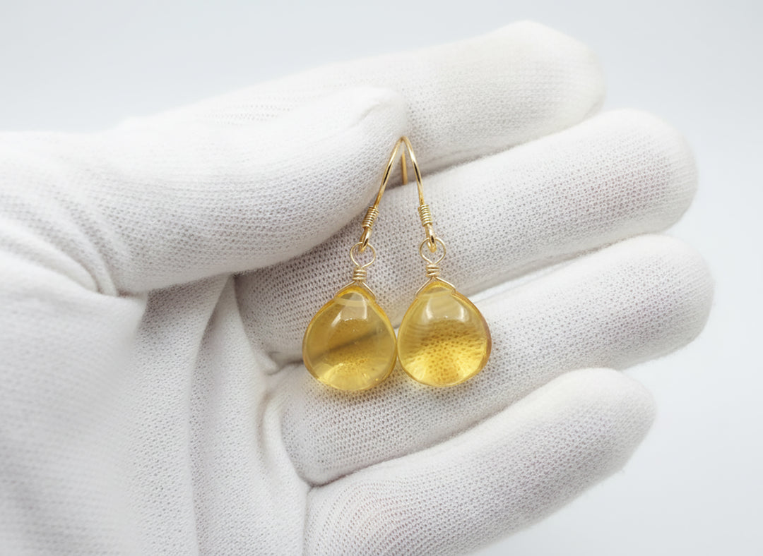 Yellow Citrine Earrings Smooth Sim Heart Drop 14k solid gold or filled or Sterling Silver Spyglass Designs Simple Teardrops Lightweight