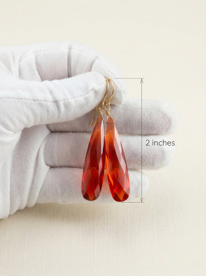 Cubic Zirconia Earrings Simulated Red Orange Sapphire Long Large Tear Drop AAA CZ 14k Solid Gold or Filled or Sterling Silver Faceted 2 Inch
