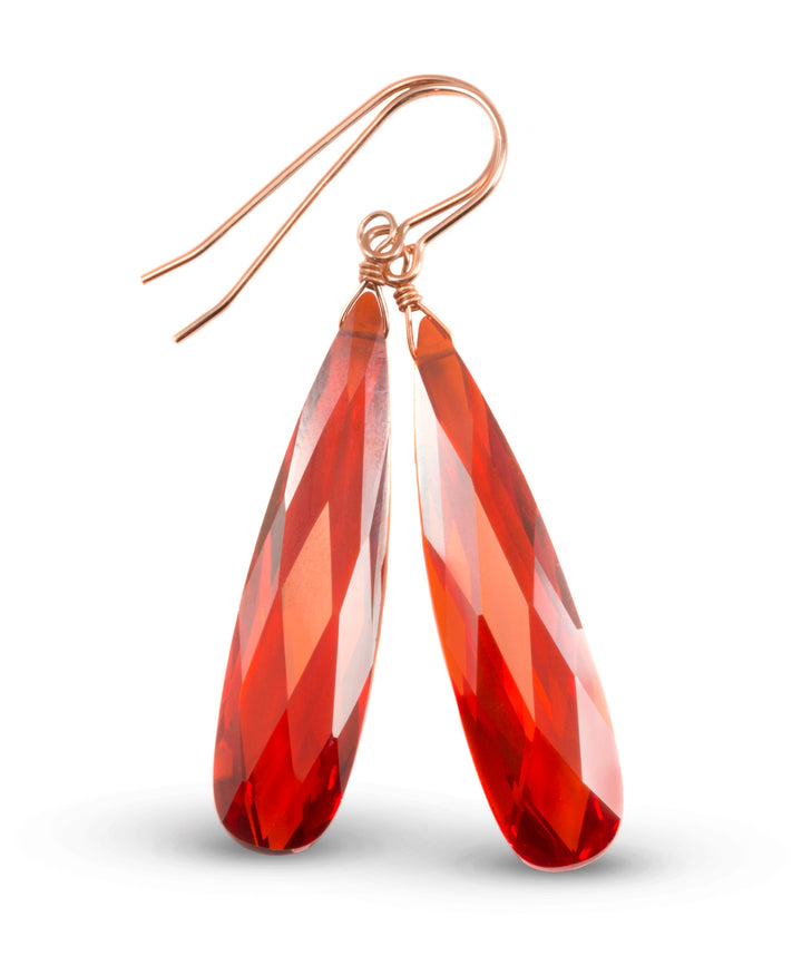 Cubic Zirconia Earrings Simulated Red Orange Sapphire Long Large Tear Drop AAA CZ 14k Solid Gold or Filled or Sterling Silver Faceted 2 Inch