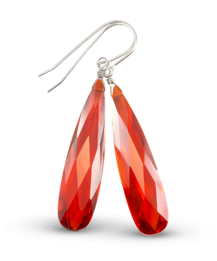 Cubic Zirconia Earrings Simulated Red Orange Sapphire Long Large Tear Drop AAA CZ 14k Solid Gold or Filled or Sterling Silver Faceted 2 Inch