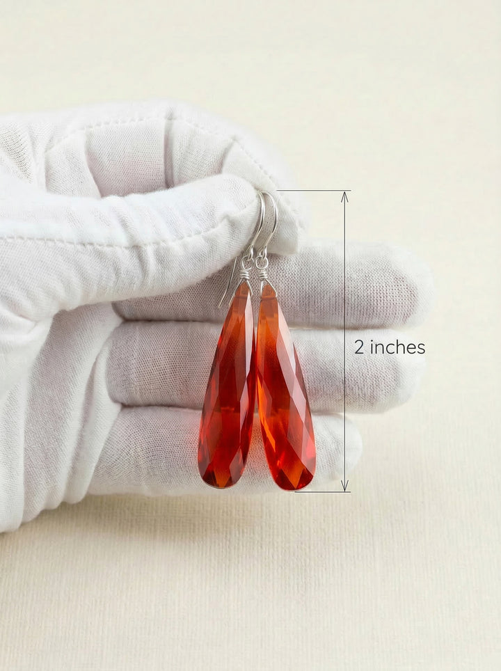Cubic Zirconia Earrings Simulated Red Orange Sapphire Long Large Tear Drop AAA CZ 14k Solid Gold or Filled or Sterling Silver Faceted 2 Inch