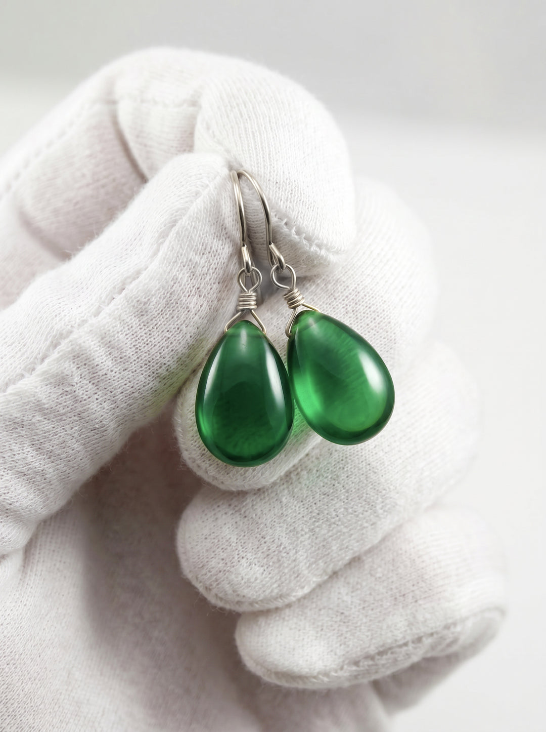 Cubic Zirconia Earrings Sterling Silver or 14k Gold Green Smooth 1 Inches