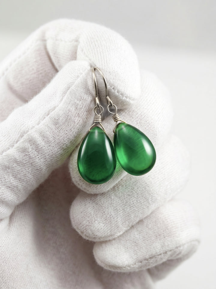 Cubic Zirconia Earrings Sterling Silver or 14k Gold Green Smooth 1 Inches